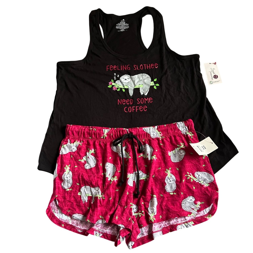 Secret Treasures Sloth Coffee Pajama Set Tank Shorts Womens‎ Size Small Medium